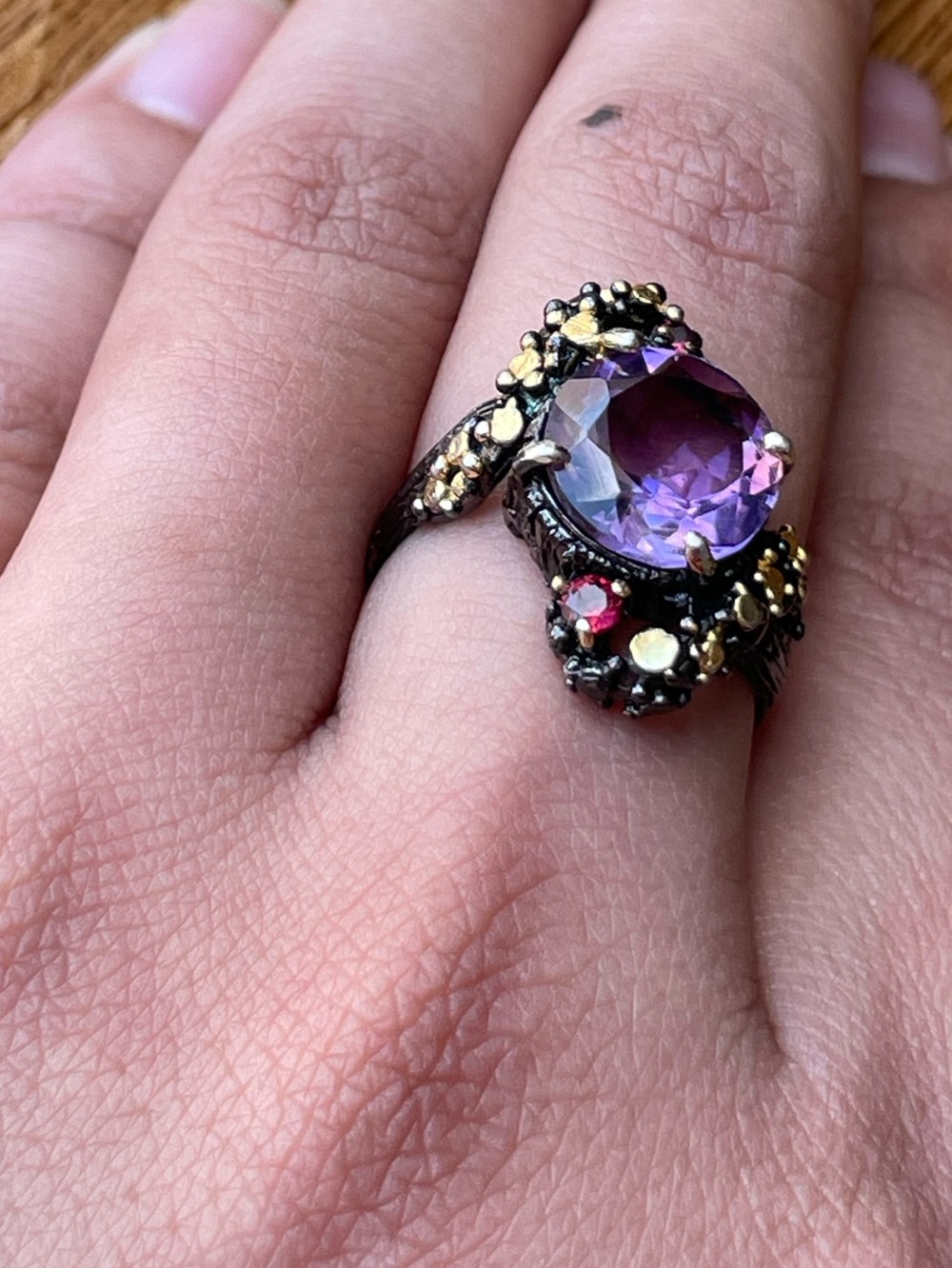 Sterling Silver Amethyst Garnet Artisanal Organic Statement Ring Size 6.5